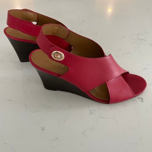 Coach Rosanne Wedge Manmade Cross Strap Sandal Turnlock Gold Hard Red Brown 9.5B - Picture 3 of 13